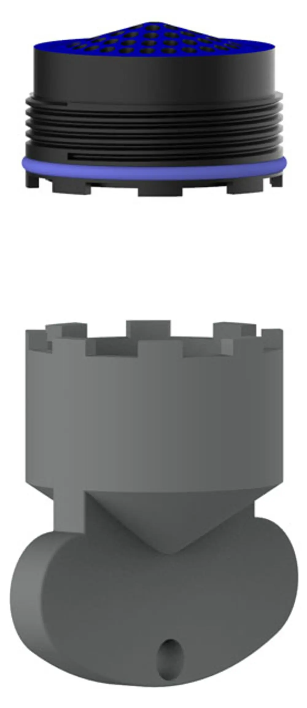 Strahlregler von Keuco in Schwarz und Blau, bestehend aus zwei Teilen. Oben ein perforierter Deckel, unten eine graue Halterung mit Auslass.